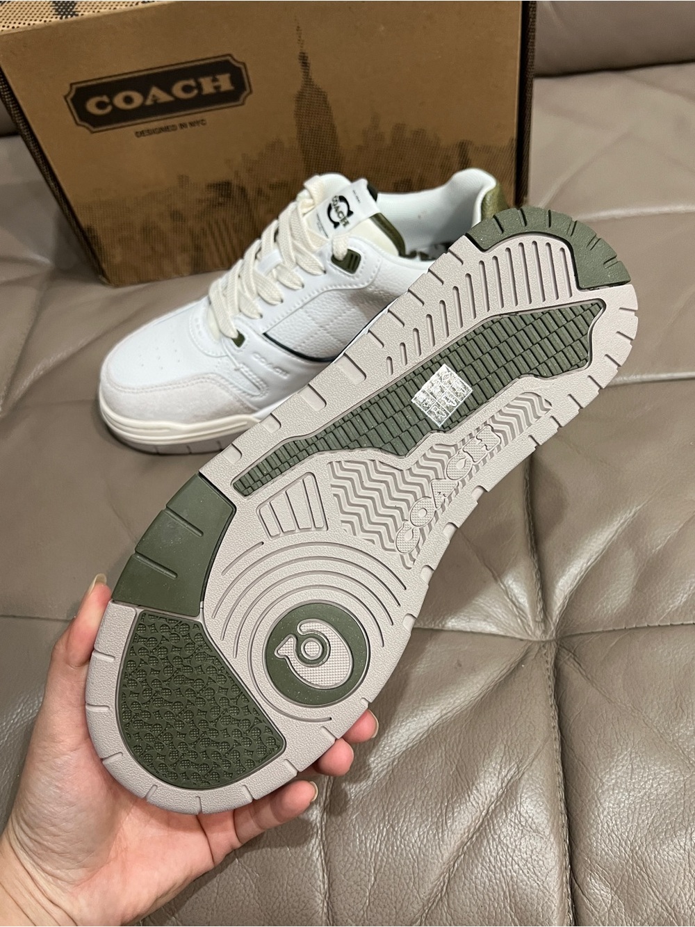 Coach White Sneakers with Olive Green Accents,Women Size:8 - Picture 3 of 8